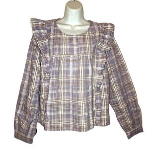 Ann Taylor LOFT peasant Frosted Lavender Plaid Ruffle Cropped Blouse